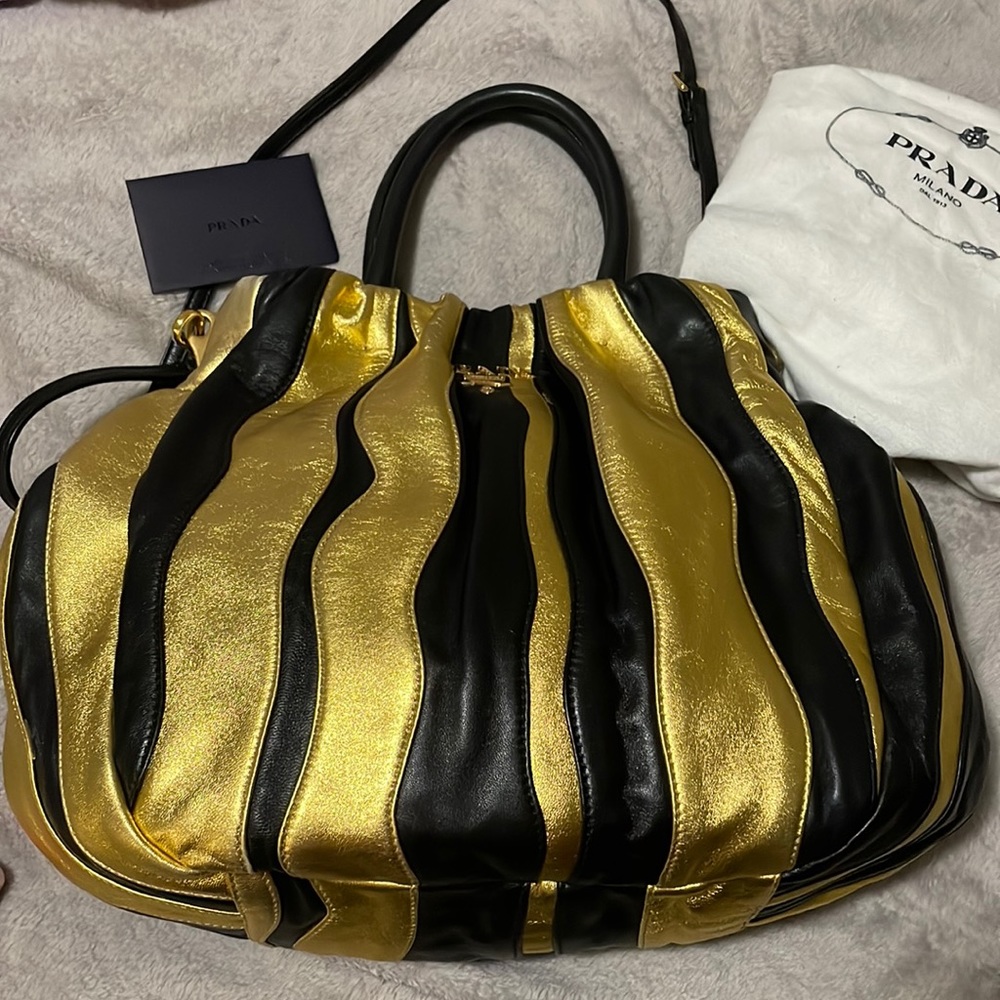 Prada Napa Stripes black and gold with dustbag and auth card, alternate strap